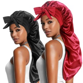 2pcs Long Satin Bonnets with Tie Band, Large Braid Bonnet Silky Hair Cap for Locs Women Sleeping, C