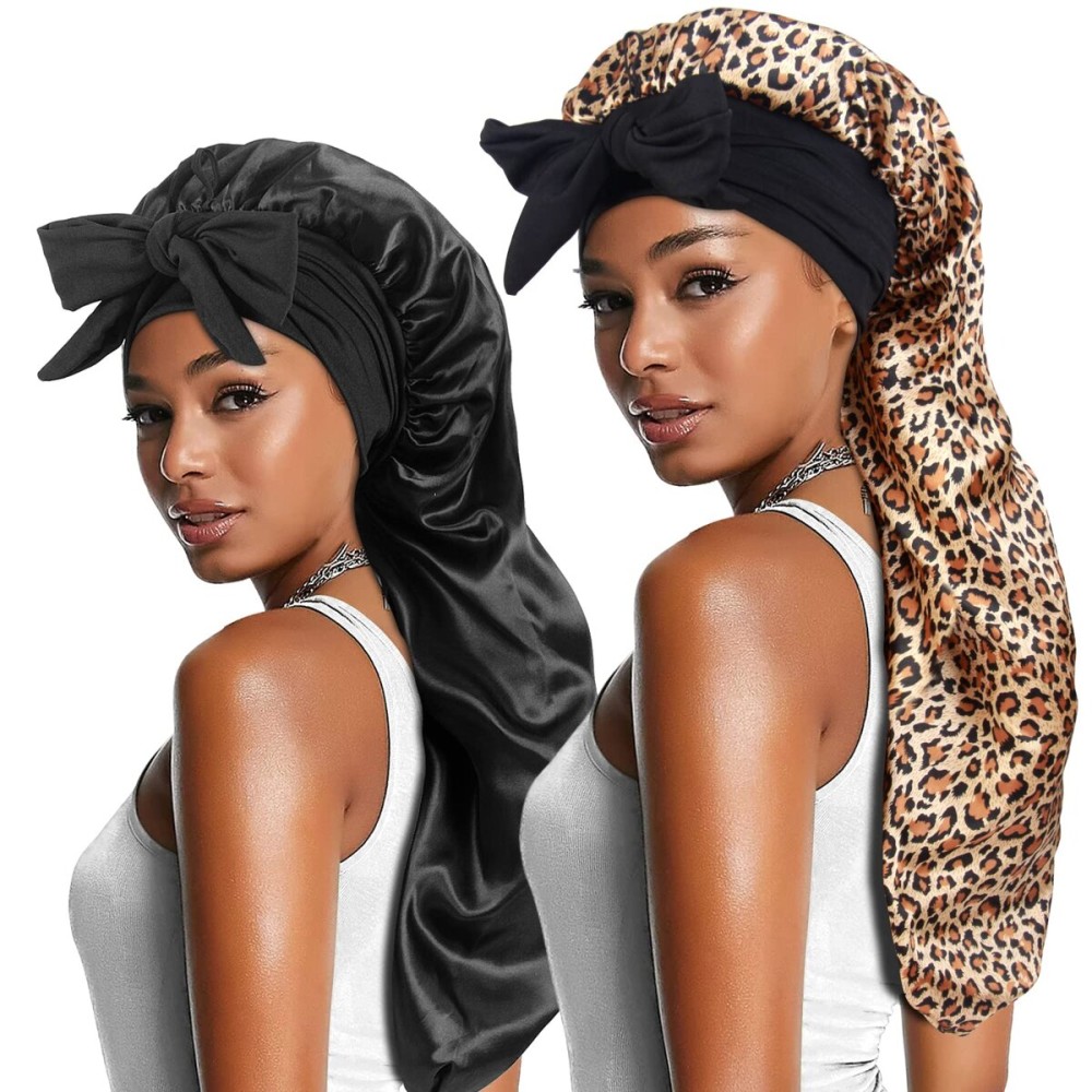 2pcs Long Satin Bonnets with Tie Band, Large Braid Bonnet Silky Hair Cap for Locs Women Sleeping, B