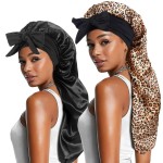 2pcs Long Satin Bonnets with Tie Band, Large Braid Bonnet Silky Hair Cap for Locs Women Sleeping, B