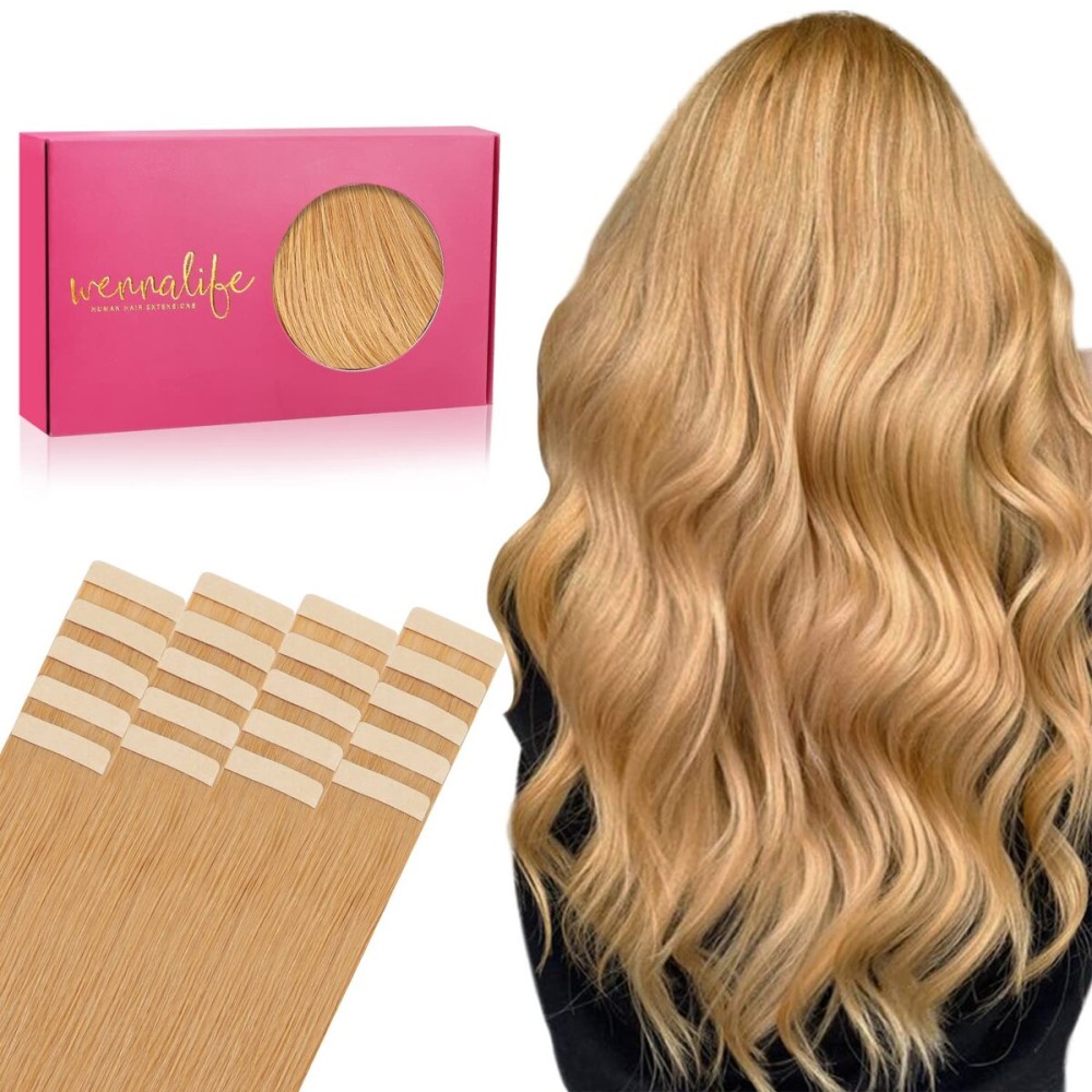 WENNALIFE Tape in Hair Extensions Human Hair, 20pcs 50g 22 inch Strawberry Blonde Remy Hair Extensions Straight Human Hair Tape in Extensions Skin Weft Tape Extensions Human Hair