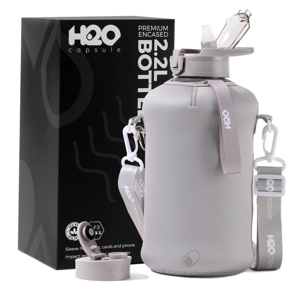 H2O Capsule 2.2L Half Gallon Water Bottle with Storage Sleeve and Covered Straw Lid - BPA Free Large Reusable Drink Container with Handle - Big Sports Jug, 2.2 Liter (74 Ounce) Ashville