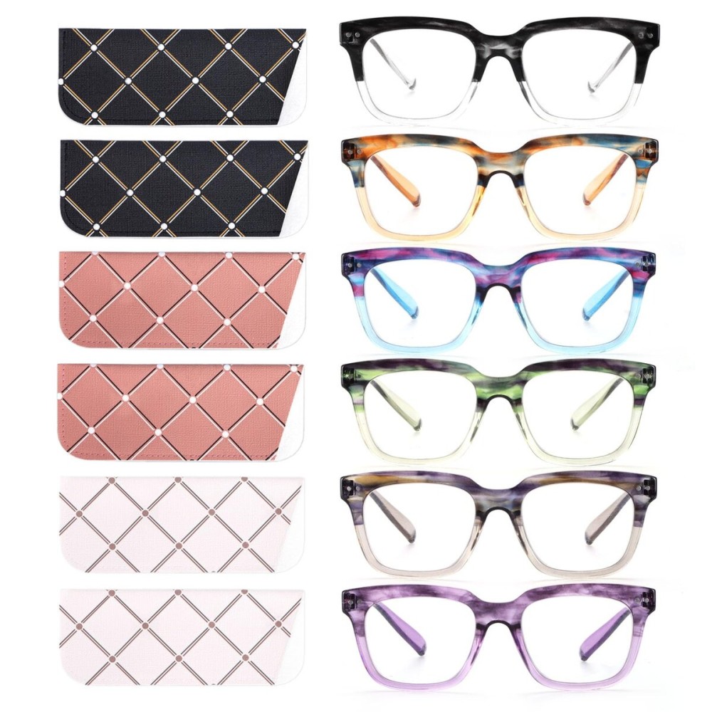 CHOFILORD 6 Pack Fashion Reading Glasses for Women Men Blue Light Blocking Oversized Square Readers with Spring Hinge (6 Pack Colorful, 2.00)