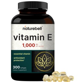 NatureBell Vitamin E Oil Softgels, 1,000 IU Per Serving, 300 Pills | Essential Antioxidant Supplements, Easily Absorbed Form - Supports Skin, Heart, & Immune Health - Non-GMO