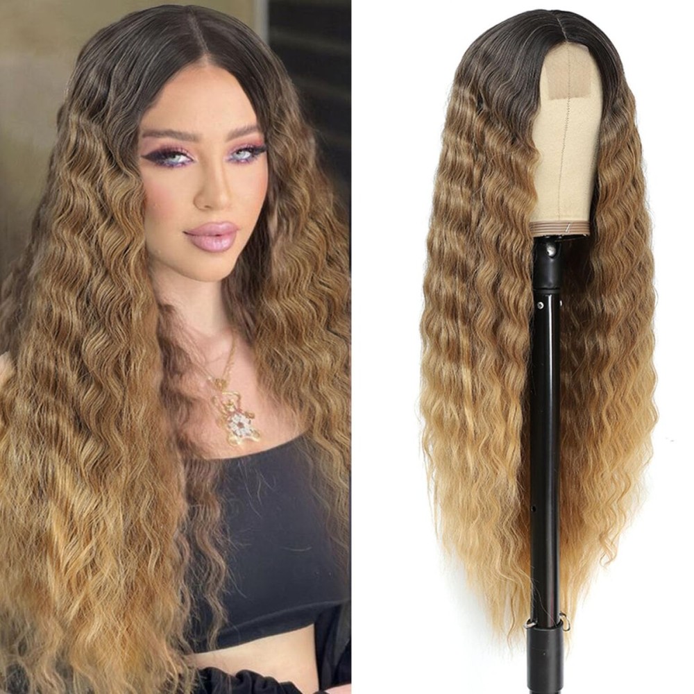 30 Inch Ombre Honey Blonde Wig Long Curly Synthetic Hair Wigs Small Lace Front Wigs for Women Loose Deep Wave Wig 4 Simulated Scalp Middle Part Natural Looking Crimps Curls Hair Replacement Wigs