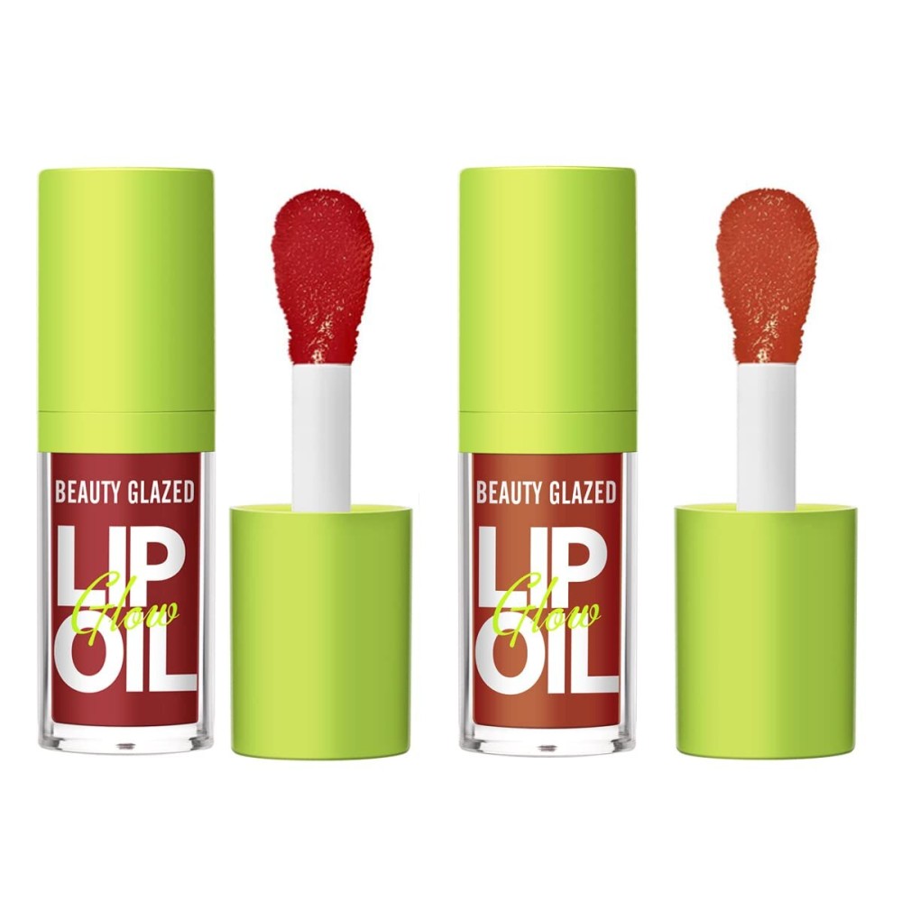Beauty Glazed Big Brush Head Lip Oil, Ultra-Hydrating & Nourishing, Smooth Glossy Finish Lip Glow Oil, Shiny and Vegan Tinted Lip Gloss, Non-Sticky Formula (2, 105 PASSION & 106 FUSE)