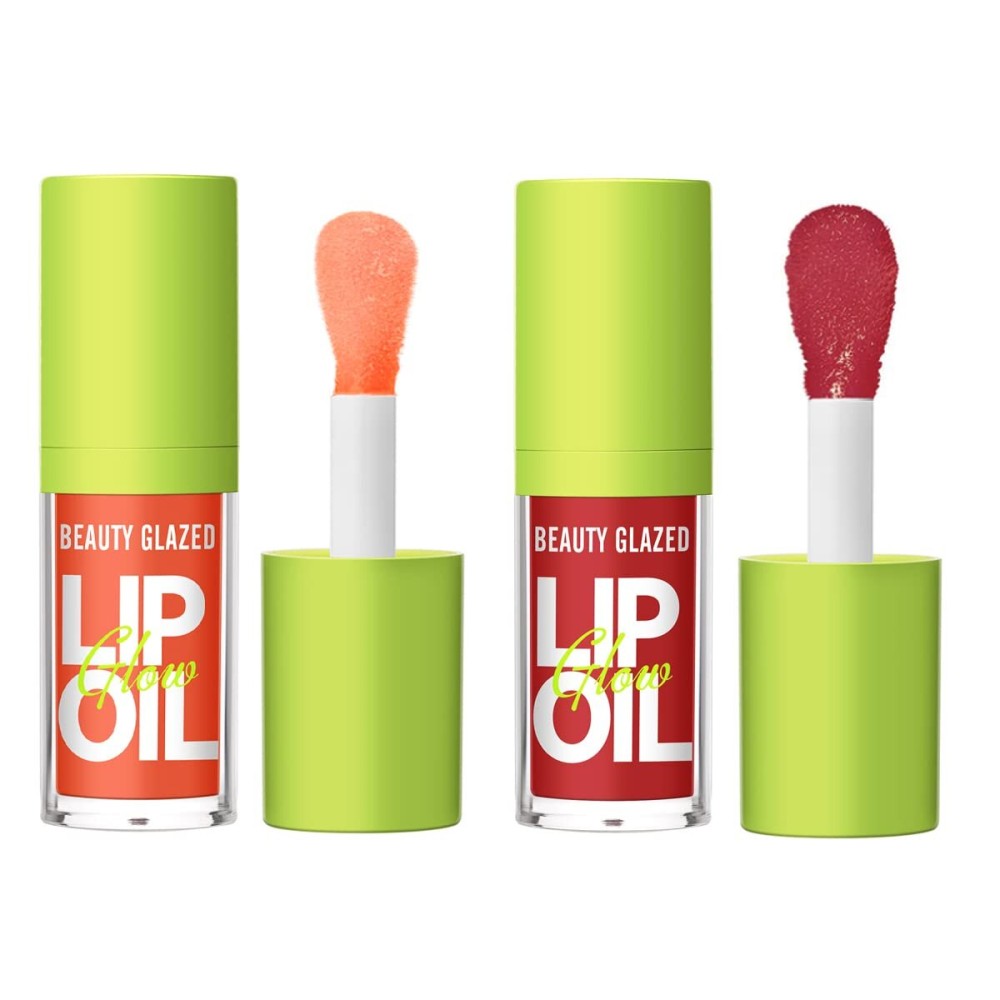 Beauty Glazed Big Brush Head Lip Oil, Ultra-Hydrating & Nourishing, Smooth Glossy Finish Lip Glow Oil, Shiny and Vegan Tinted Lip Gloss, Non-Sticky Formula (2, 103 SWEET & 104 LOVE)