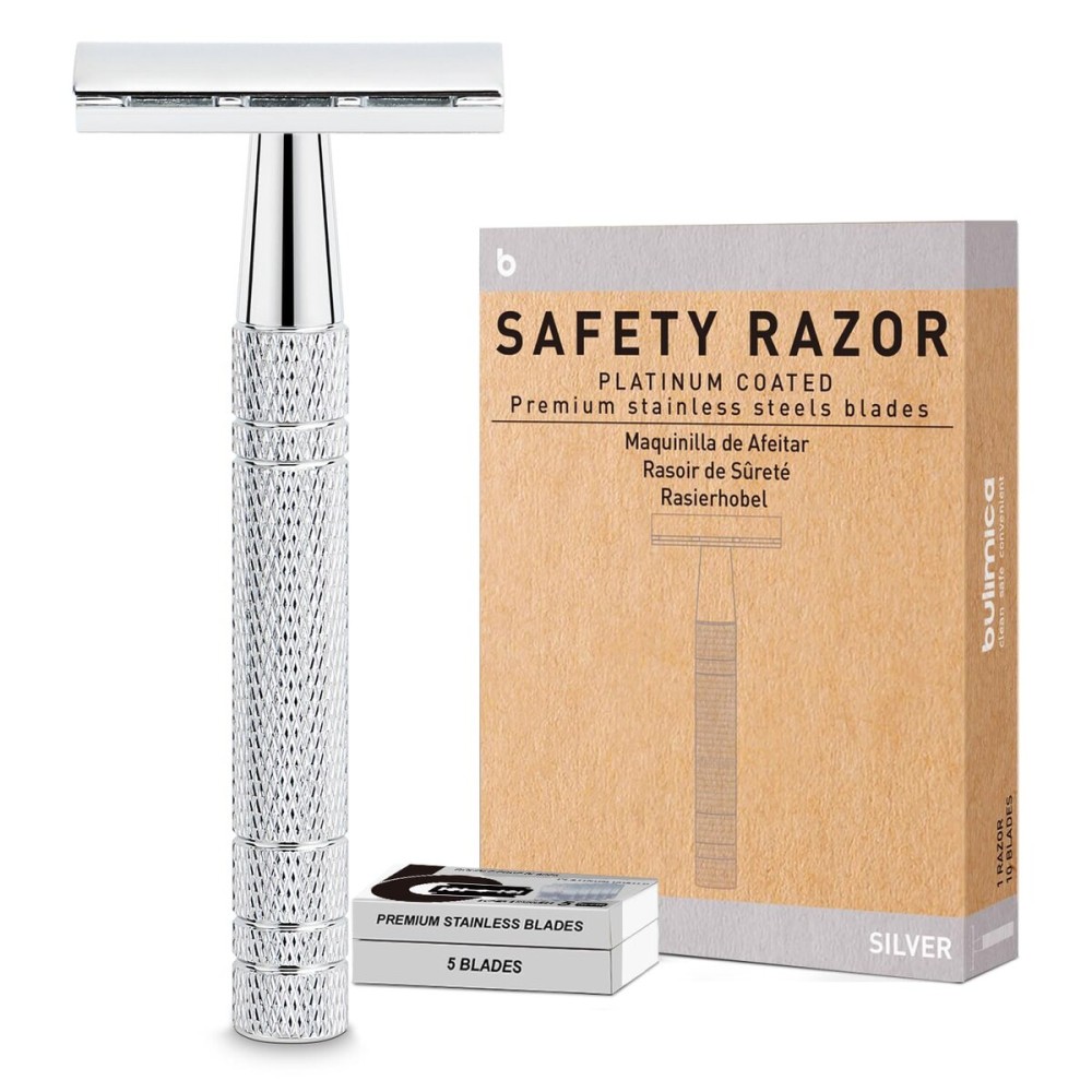 Double Edge Safety Razor for Men and Women, Single Blade Razors, with 10 Stainless Steel Blades, Reusable Metal Razor, Smooth and Close Shave, Sustainable, Plastic Free, Silver