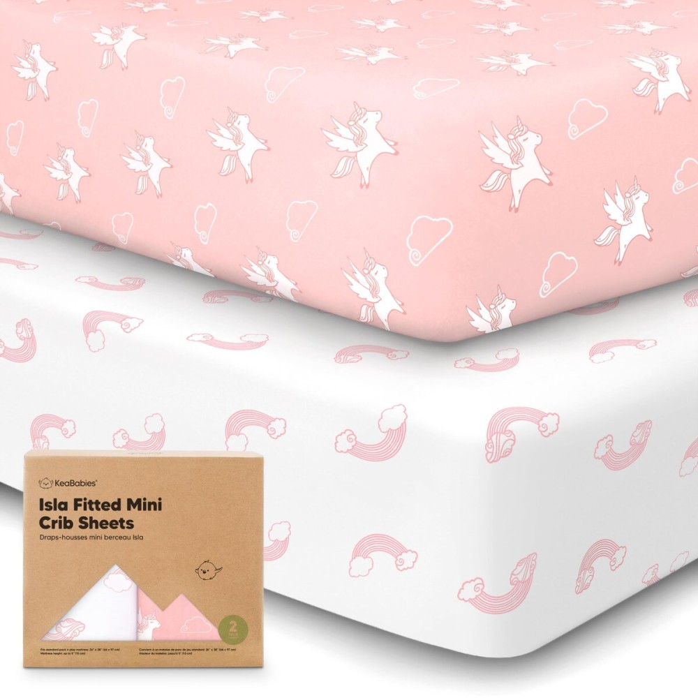 Pack and Play Sheets Fitted - 2-Pack Mini Crib Sheets for Pack N Play Mattress 38x26, Soft & Cozy, Neutral Toddler Playard Bedding, Snug Fitted Mini Baby Crib Mattress Cover Boy, Girl (Dreamland)