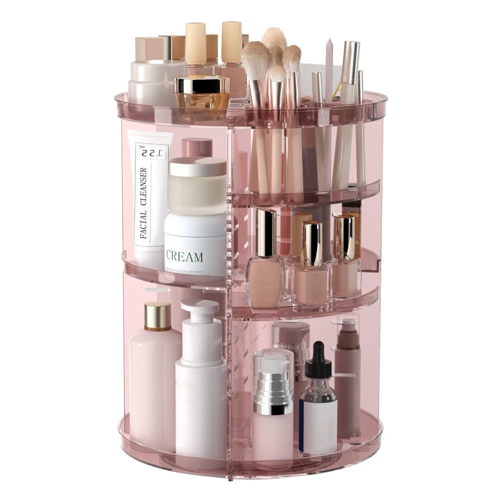 Rotating Makeup Organizer, DIY 8 Adjustable Layers 360 Spinning Skincare Organizers, Makeup Storage Carousel Tower with Brush Holder & Perfume Trays, Cosmetic Display Case for Vanity Bathroom
