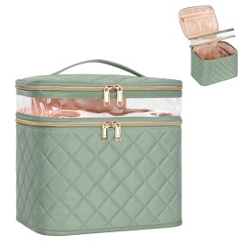 OCHEAL Large Makeup Bag, Double Layer Makeup Bag, Vertical Storage Cosmetic Case for Women/Girls with Multiple Compartments-Green