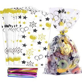 COQOFA 100 Pcs Black Gold 6X10 Star Printed Gift Wrap Cellophane Bags with Twist Ties for Birthday, Graduation, Wedding, Christmas, Halloween