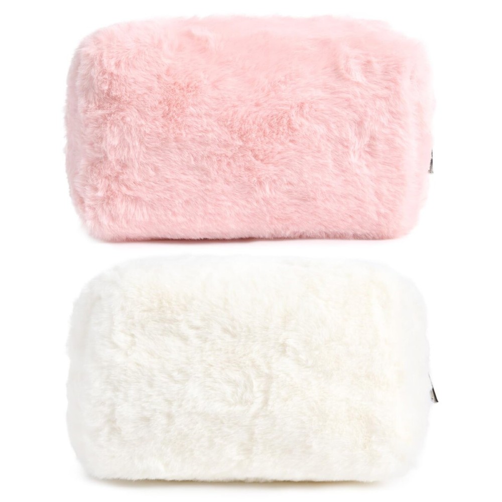 SOIDRAM 2 Pieces Makeup Bag Cute Cosmetic Bag Plush Pink White Makeup Pouch Coquette Travel Toiletry Bag Organizer Fluffy Makeup Brushes Puffy Storage Bag for Women