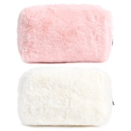 SOIDRAM 2 Pieces Makeup Bag Cute Cosmetic Bag Plush Pink White Makeup Pouch Coquette Travel Toiletry Bag Organizer Fluffy Makeup Brushes Puffy Storage Bag for Women