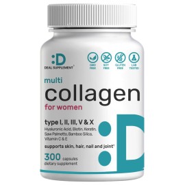 Multi Collagen Pills with Vitamin C, E & Biotin, 300 Capsules - Hydrolyzed Collagen Peptides - 11 in 1 Formula with Saw Palmetto, Bamboo Silica, & Hyaluronic Acid - Hair, Skin, Nail, & Joint Health