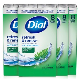 Dial Antibacterial Bar Soap, Refresh & Renew, Mountain Fresh, 4 oz, 32 Bars