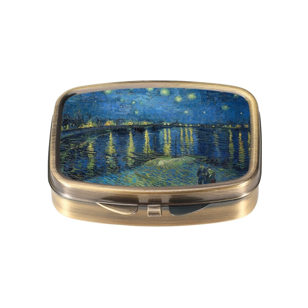 Dynippy Pill Case Pill Box with Mirror Retro Pocket 2 Compartment Medicine Case Vitamin Pill Organizer for Pocket Purse and Travel (A-Starry Night Over The Rhone)