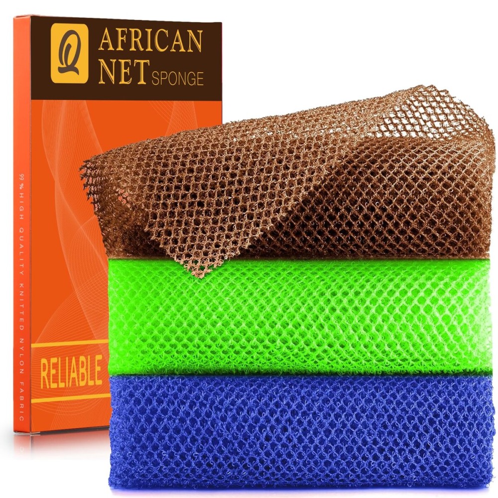 UJFQBH 3 Pieces African Bath Sponge African Net Long Net Bath Sponge Exfoliating Shower Body Scrubber Back Scrubber Skin Smoother,Great for Daily Use (BrownBlueGreen)