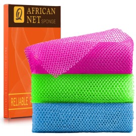 UJFQBH 3 Pieces African Bath Sponge African Net Long Net Bath Sponge Exfoliating Shower Body Scrubber Back Scrubber Skin Smoother,Great for Daily Use (Rose Red, Blue, Green)