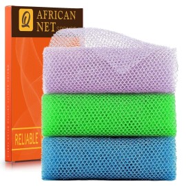 UJFQBH 3 Pieces African exfoliating net African Net Long Net Bath Sponge Exfoliating Shower Body Scrubber Back Scrubber Skin Smoother,Great for Daily Use (Purple, Blue, Green)