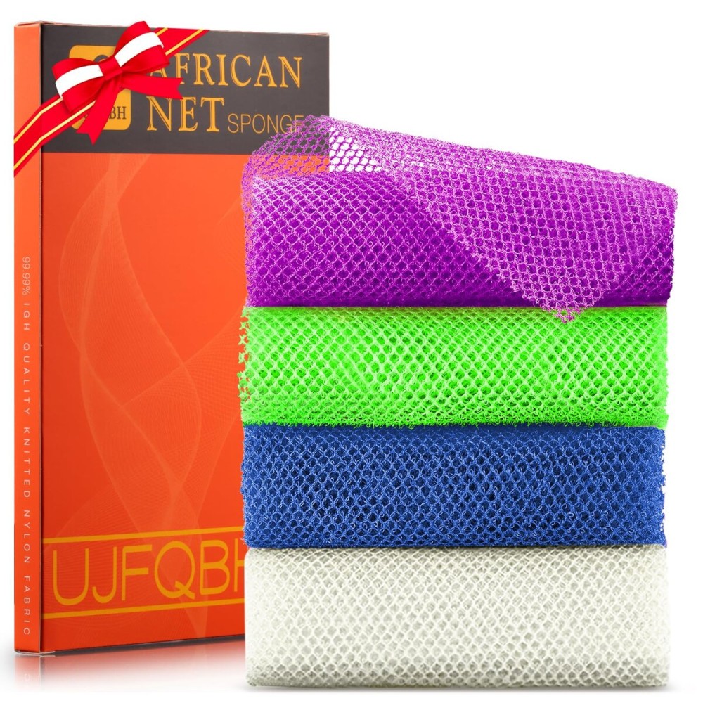 UJFQBH 4 Pieces African exfoliating net African Net Long Net Bath Sponge Exfoliating Shower Body Scrubber Back Scrubber Skin Smoother,Great for Daily Use (Purple, Blue, Green, White)