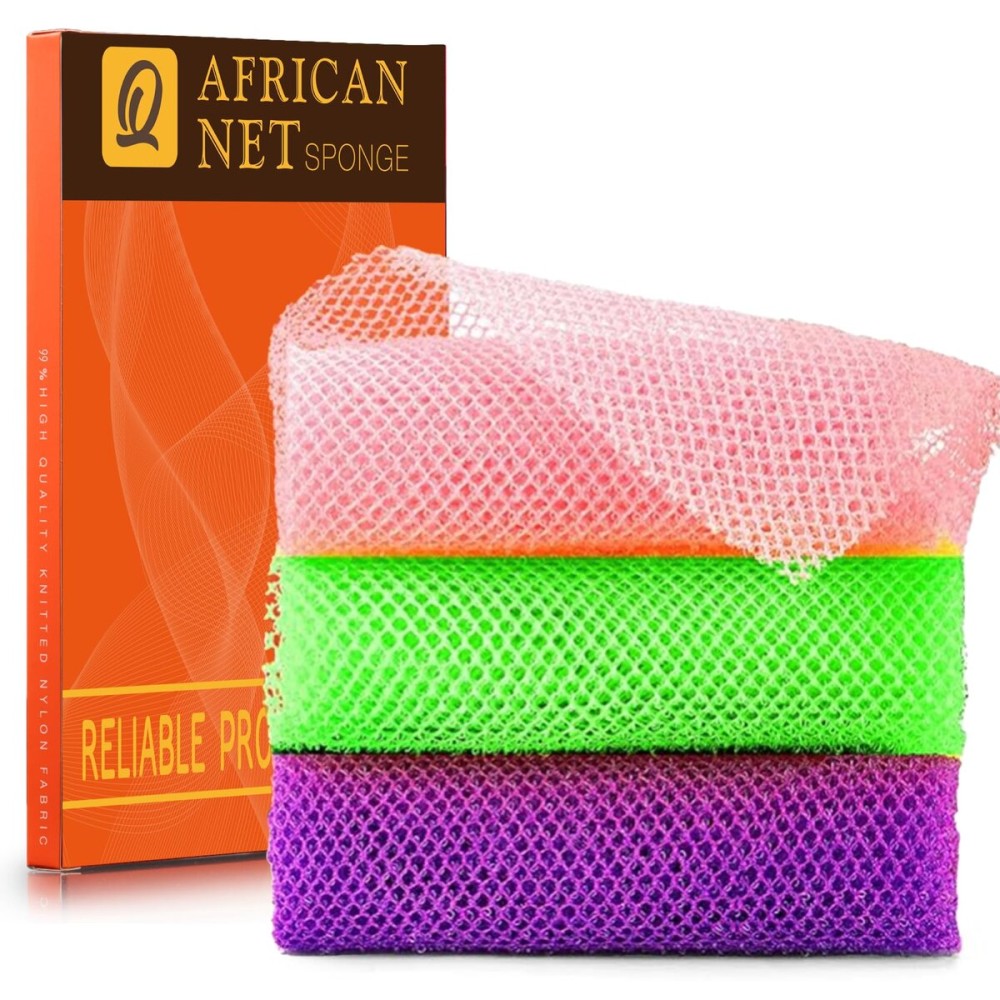 UJFQBH 3 Pieces African Bath Sponge African Net Long Net Bath Sponge Exfoliating Shower Body Scrubber Back Scrubber Skin Smoother,Great for Daily Use (Purple PinkGreen)