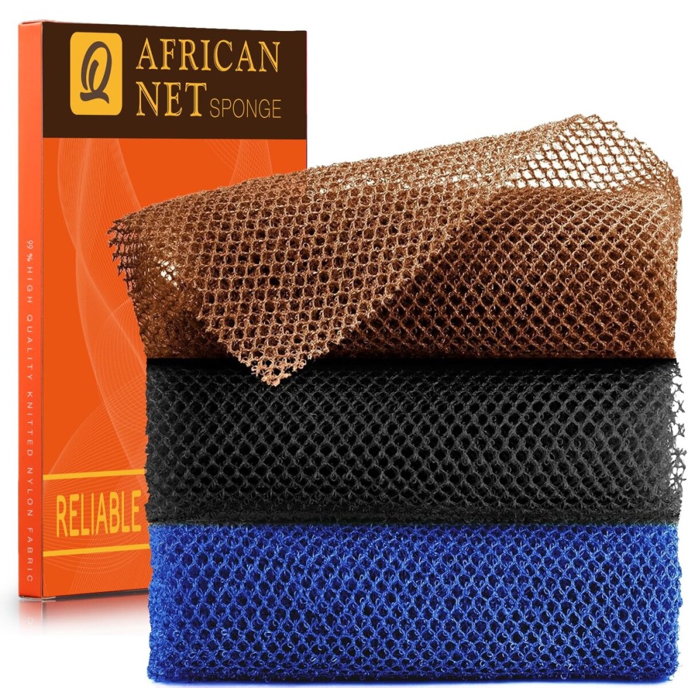 3 Pieces African Bath Sponge African Net Long Net Bath Sponge Exfoliating Shower Body Scrubber Back Scrubber Skin Smoother,Great for Daily Use (BlackBlueBrown)