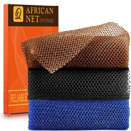 3 Pieces African Bath Sponge African Net Long Net Bath Sponge Exfoliating Shower Body Scrubber Back Scrubber Skin Smoother,Great for Daily Use (BlackBlueBrown)