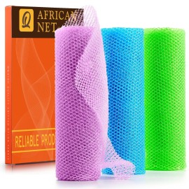 UJFQBH 3 Pieces African Bath Sponge African Net Long Net Bath Sponge Exfoliating Shower Body Scrubber Back Scrubber Skin Smoother,Great for Daily Use (Pale Purple, Blue, Green)