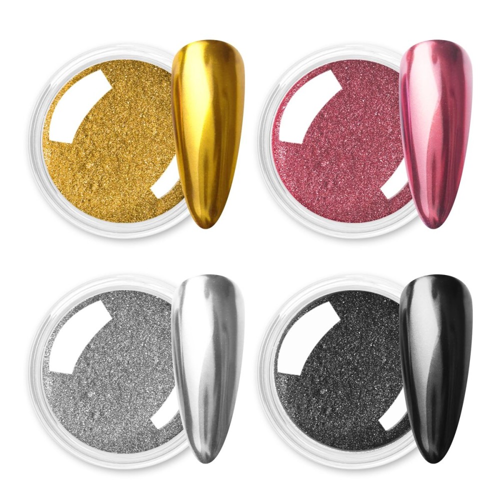 Allstarry Gold and Silver Chrome Nail Powder, 4 Colors Metallic Effect Mirror Chrome Powder Pigment Holographic Manicure Pigment Gold Siver Pink Chrome Nail Glitter