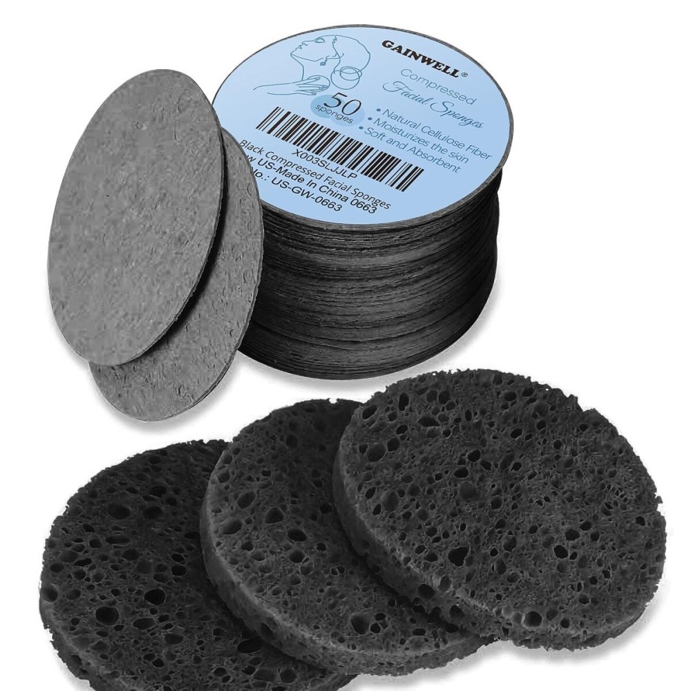 GAINWELL 50-Count Black Compressed Facial Sponges for Daily Facial Cleansing and Exfoliating, 100 Natural Cosmetic Spa Sponges for Makeup Remover, Reusable