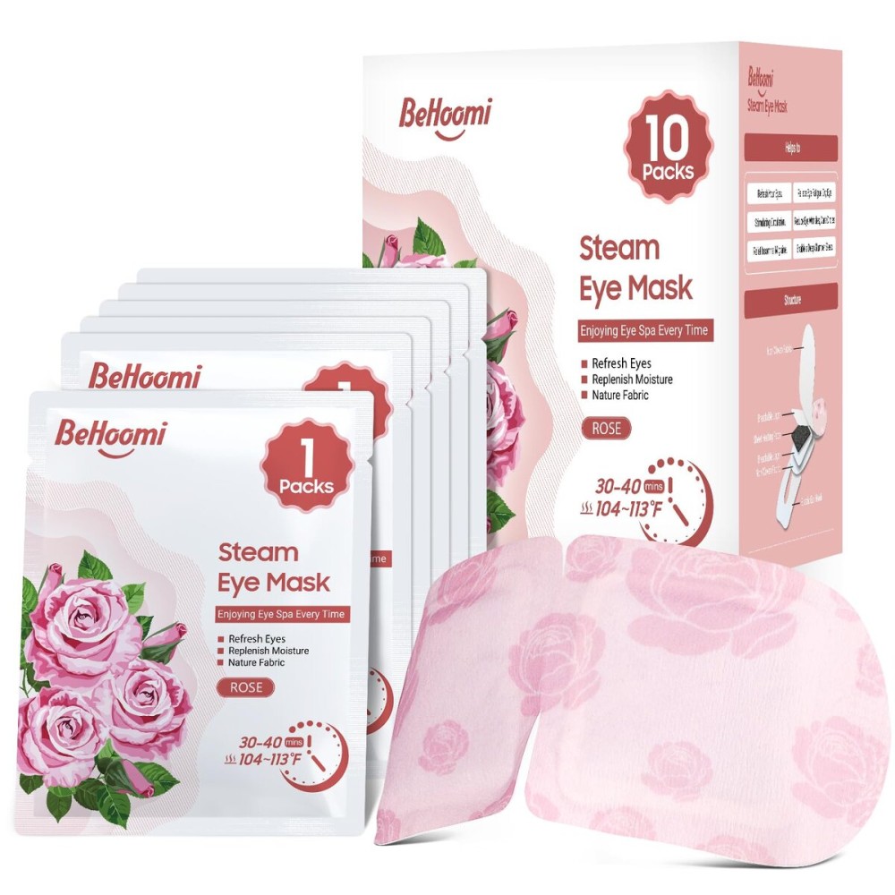 BeHoomi Steam Eye Mask, 10 Packs Heated Eye Mask, Self Heating Disposable SPA Warm Compress for Eyes Sleep Mask, Travel Essentials & Relaxation Gifts, Stocking Stuffers (Rose Scent)