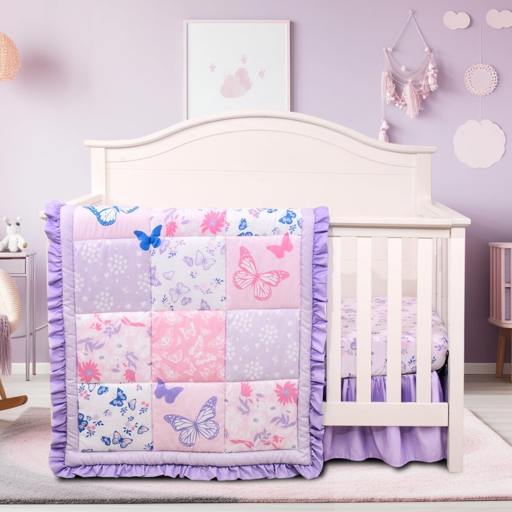 Cloele Elephant Crib Bedding Set for Girls - 3 Piece Baby Bedding Set Includes Comforter Fitted Sheet Crib Skirt - Pink Floral Standard Size Nursery Bedding Set Baby Crib Set for Girls