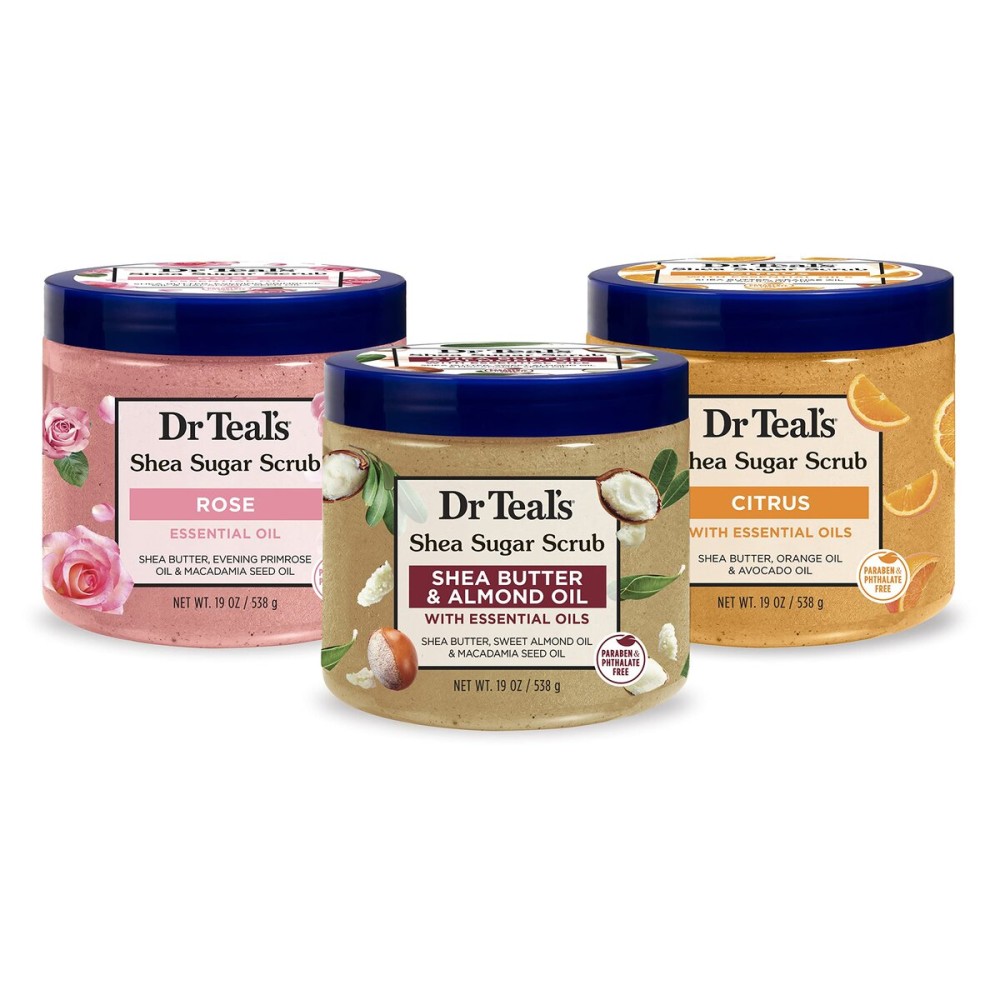 Dr Teal\'s Shea Sugar Scrub Trial Pack, Rose, Shea Butter, Citrus 19 oz (Pack of 3)