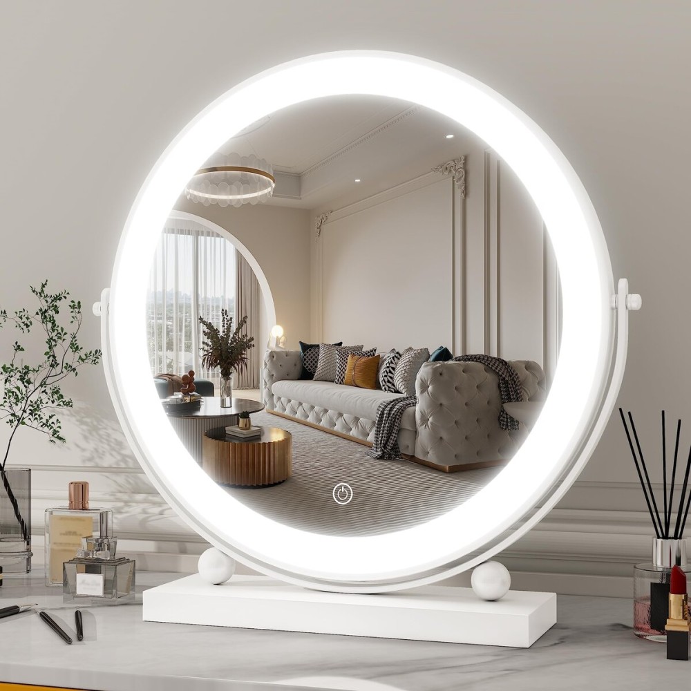 ROLOVE 13 Inch Vanity Mirror with Lights, Round Make Up Mirror with Lighting, LED Mirror Makeup Mirror with Lights for Bedroom Tabletop, Smart Touch Control, 360 Rotation (White)