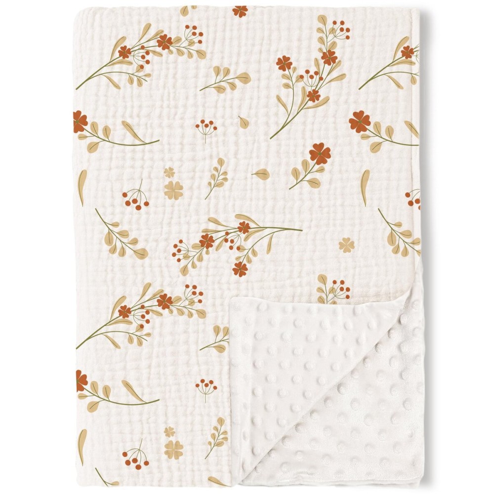 Konssy Baby Blankets for Unisex Boys Girls, Super Soft Nursery Minky Blankets with Muslin Cotton Front and Dotted Fleece Backing, Printed Bed Throws Newborn