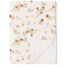 Konssy Baby Blankets for Unisex Boys Girls, Super Soft Nursery Minky Blankets with Muslin Cotton Front and Dotted Fleece Backing, Printed Bed Throws Newborn