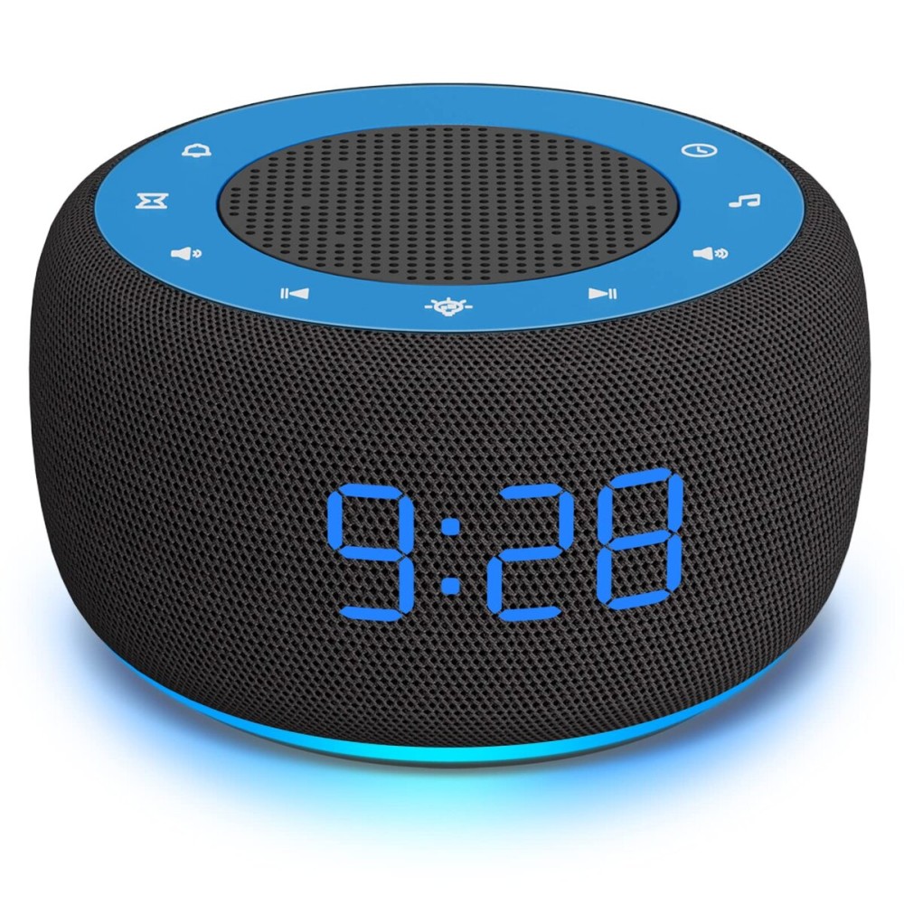 Buffbee Sound Machine & Alarm Clock 2-in-1, 0-100% Clock Face Brightness, Bottom Colored Light, Sleep Timer, Precise 30-Level Volume Control White Noise Machines
