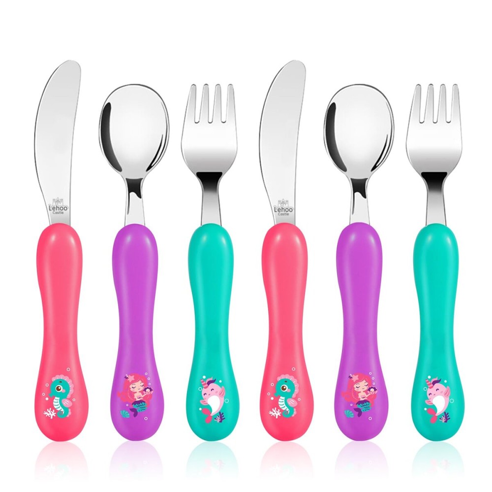 Lehoo Castle 6 Pieces Toddler Utensils, Kids Silverware for 2 3 4 Years Old, Stainless Steel Knife Fork and Spoon Set with Plastic Handle, Safe Toddler Cutlery (Purple)