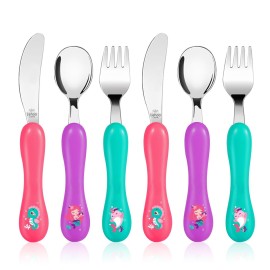Lehoo Castle 6 Pieces Toddler Utensils, Kids Silverware for 2 3 4 Years Old, Stainless Steel Knife Fork and Spoon Set with Plastic Handle, Safe Toddler Cutlery (Purple)