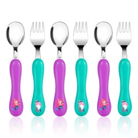 Lehoo Castle 6 Pieces Toddler Utensils, Kids Silverware for 2 3 4 Years Old, Stainless Steel Fork and Spoon Set with Plastic Handle, Safe Toddler Cutlery (Mermaid)
