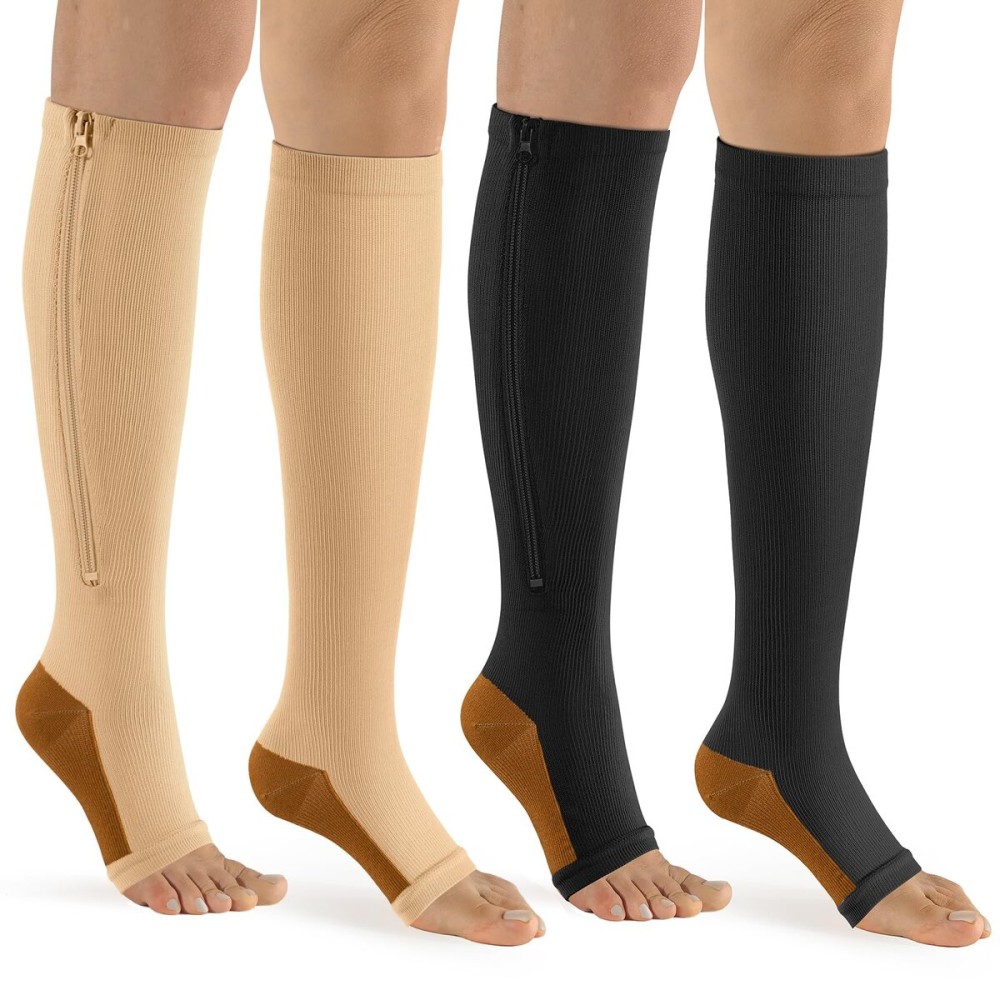 bropite Zipper Compression Socks Women & Men - 2Pairs Calf Knee High 15-20mmHg Open Toe Compression Stocking suit for Walking