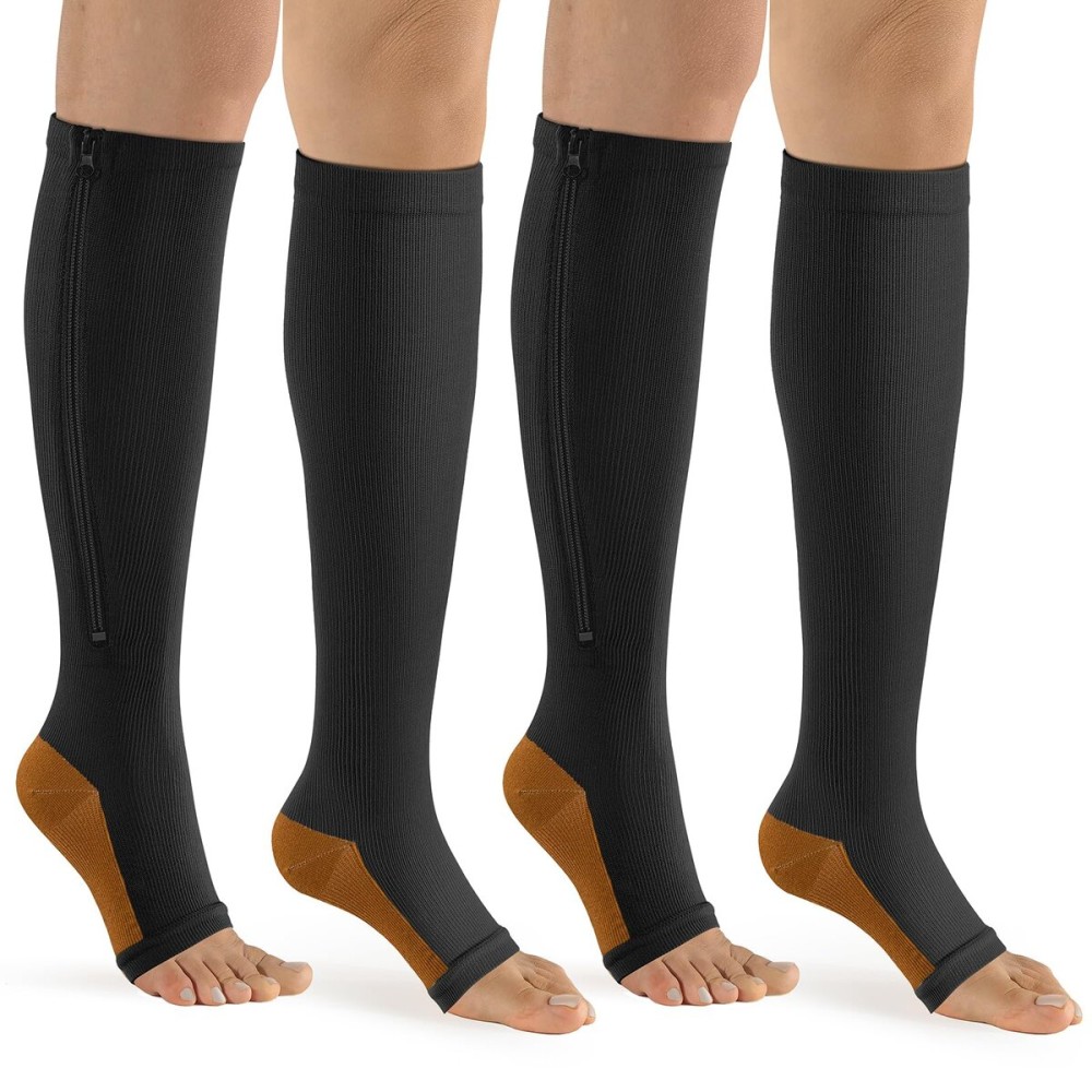 bropite Zipper Compression Socks Women & Men - 2Pairs Calf Knee High 15-20mmHg Open Toe Compression Stocking suit for Walking