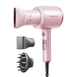 Wavytalk Hair Dryer with Diffuser, Blown Away Ionic Blow Dryer for Curly Hair with Comb, 1875W Fast Drying Hair Dryer with Ceramic Technology, 3 Attachments for All Hair Types, Light and Quiet, Pink