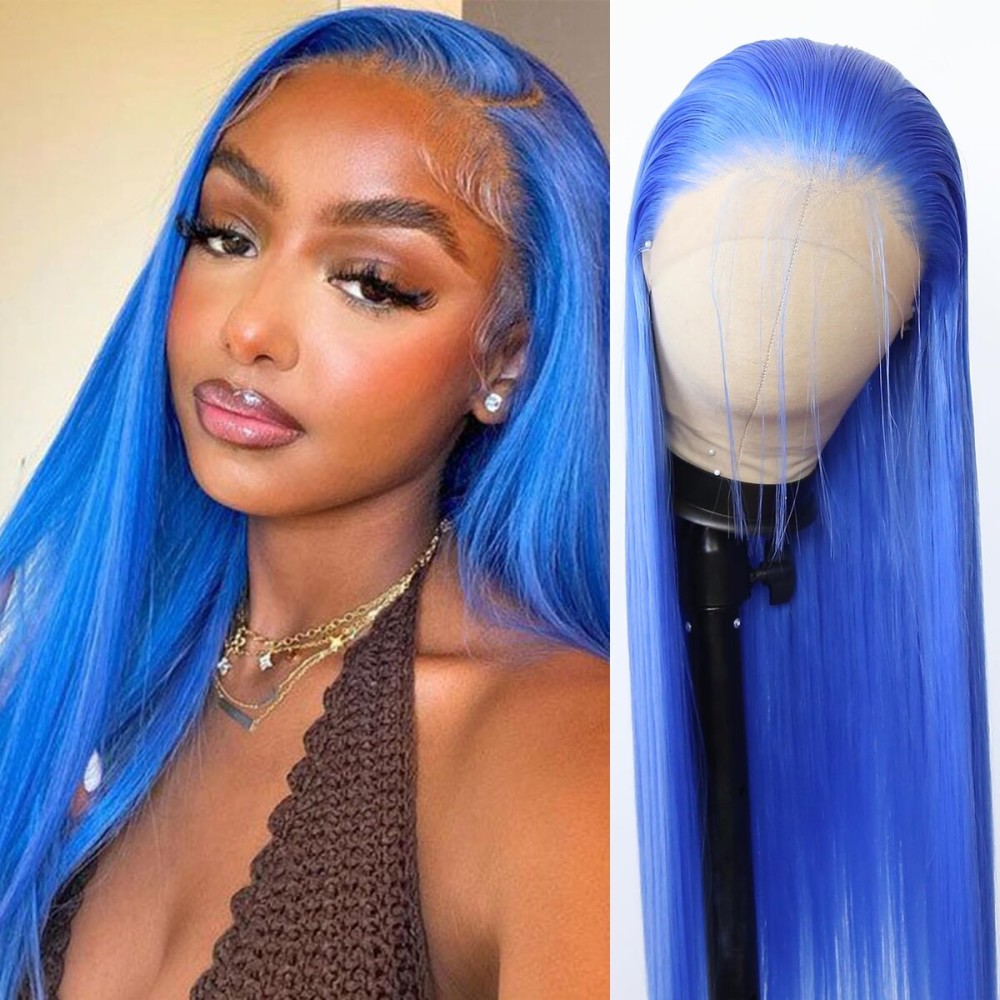 BTWTRY Blue Synthetic Lace Front Wig Long Straight Dark Blue Lace Front Synthetic Wig Pre Plucked Natural Hairline Glueless Heat Resistant Fiber Hair Wig for Fashion Women (Blue)
