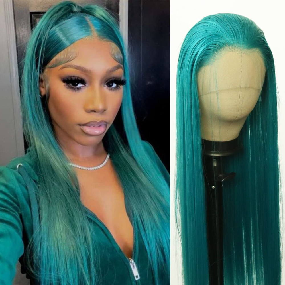 BTWTRY Emerald Green Synthetic Lace Front Wig - Long Straight Teal Green Lace Front Synthetic Wig - Pre Plucked Natural Hairline - Glueless Heat Resistant Fiber Hair Wig for Fashion Women