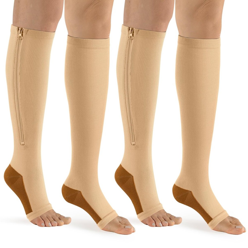 bropite Zipper Compression Socks Women & Men - 2Pairs Calf Knee High 15-20mmHg Open Toe Compression Stocking suit for Walking