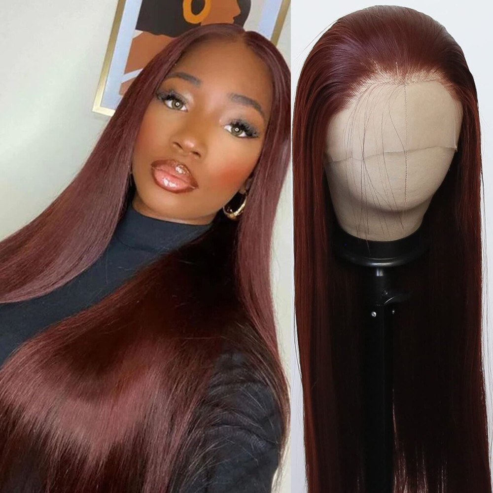 BTWTRY Reddish Brown Synthetic Lace Front Wig Long Straight Auburn Brown Lace Front Synthetic Wig Pre Plucked Natural Hairline Glueless Heat Resistant Fiber Hair Wig for Fashion Women (Reddish Brown)