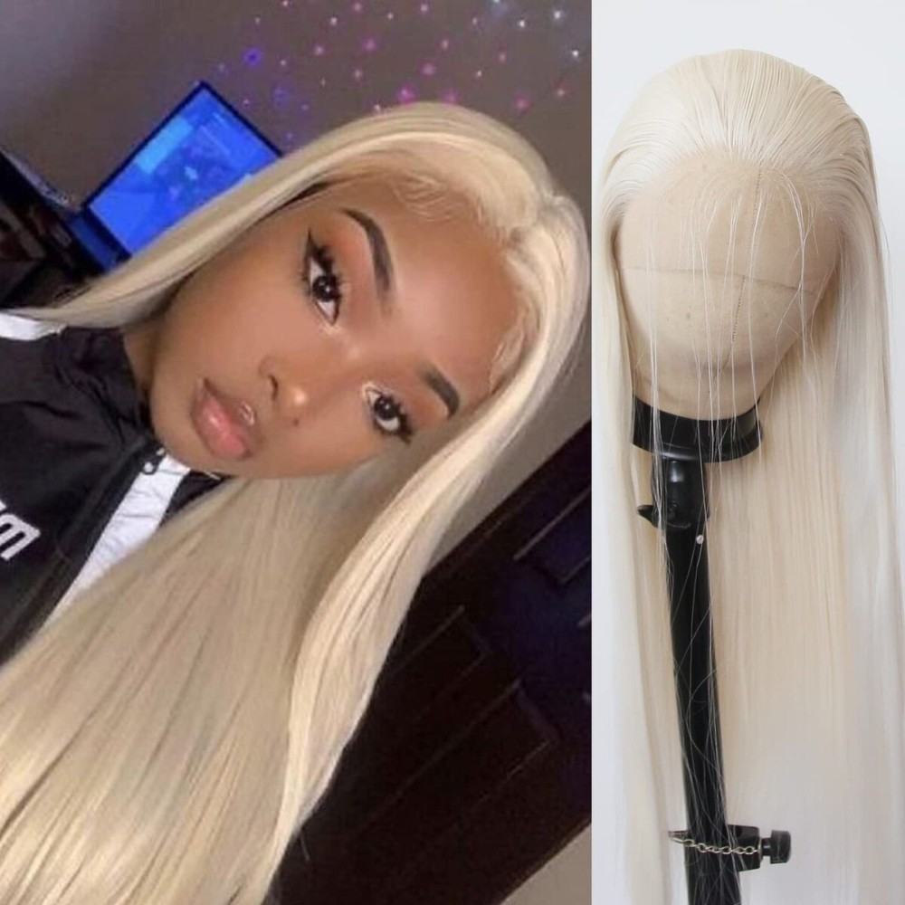 BTWTRY Platinum Blonde Synthetic Lace Front Wig Long Straight Lace Front Synthetic Wig Pre Plucked Natural Hairline Glueless Heat Resistant Fiber Hair Wig for Fashion Women (Platinum Blonde)