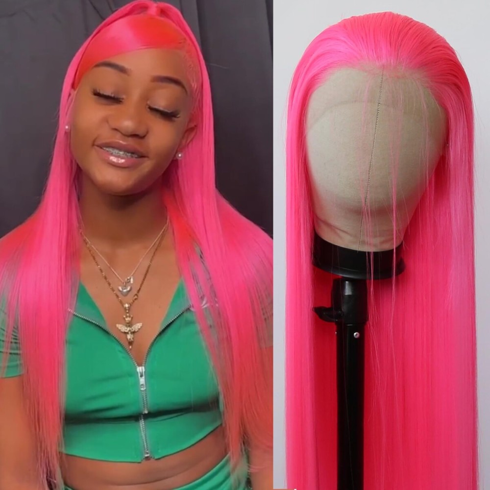 BTWTRY Pink Synthetic Lace Front Wig Long Straight Hot Pink Lace Front Synthetic Wig Pre Plucked Natural Hairline Glueless Heat Resistant Fiber Hair Wig for Fashion Women (Pink)