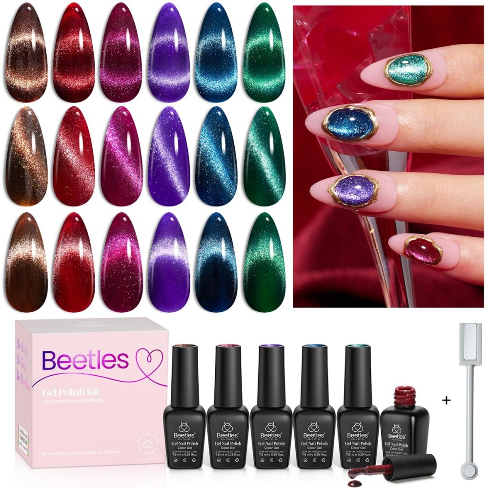 Beetles Cat Eye Gel Nail Polish Set, 6 Colors Christmas Gel Polish Kit Glitter Red Pink Shiny Brown Burgundy Purple Blue Green Magnetic Effect Sparkle Stunning Soak Off UV Manicure Gifts for Women